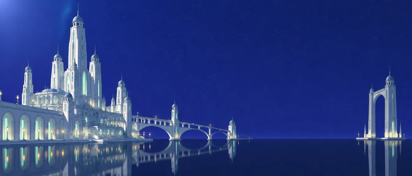 Kota Oreva yang utuh di Undersky, menara putih dan jembatan berlampu mint di bawah langit ultramarine